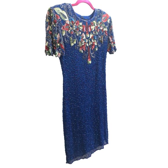Vintage Swee Lo Royal Blue Sequin Beaded Silk Dress | XS/Small | 80s Cocktail Go - Picture 2 of 10
